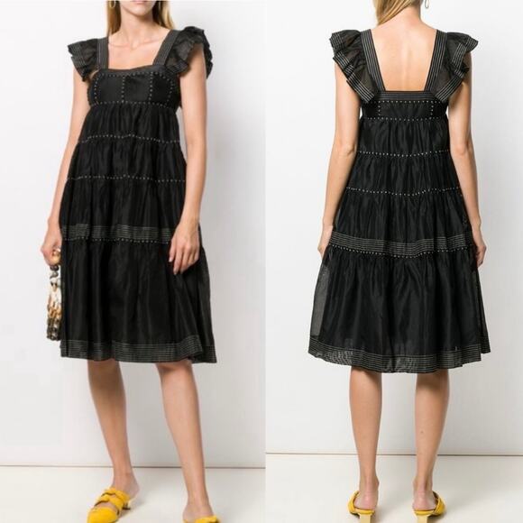 Ulla Johnson Rosalie Midi Dress Black Silk Tiered Prairie Cottagecore Size 4 - Picture 13 of 16